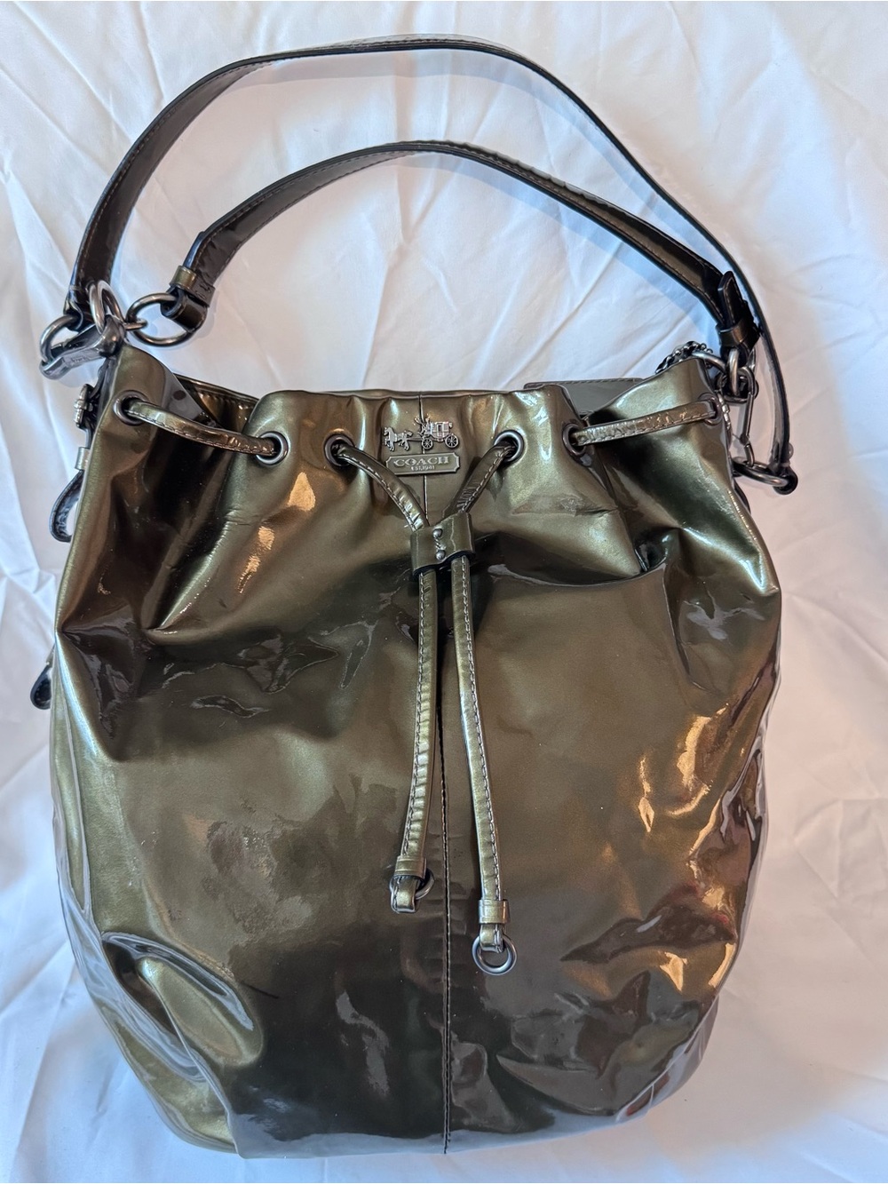 Coach Madison Marielle Drawstring Bucket Bag Gunmetal Olive Patent Leather Purse